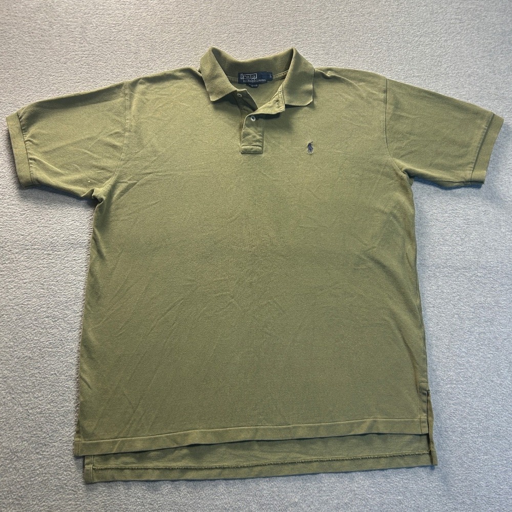 Polo Ralph Lauren Polo Shirt Mens Large Olive Green 100% Cotton Navy Pony Logo